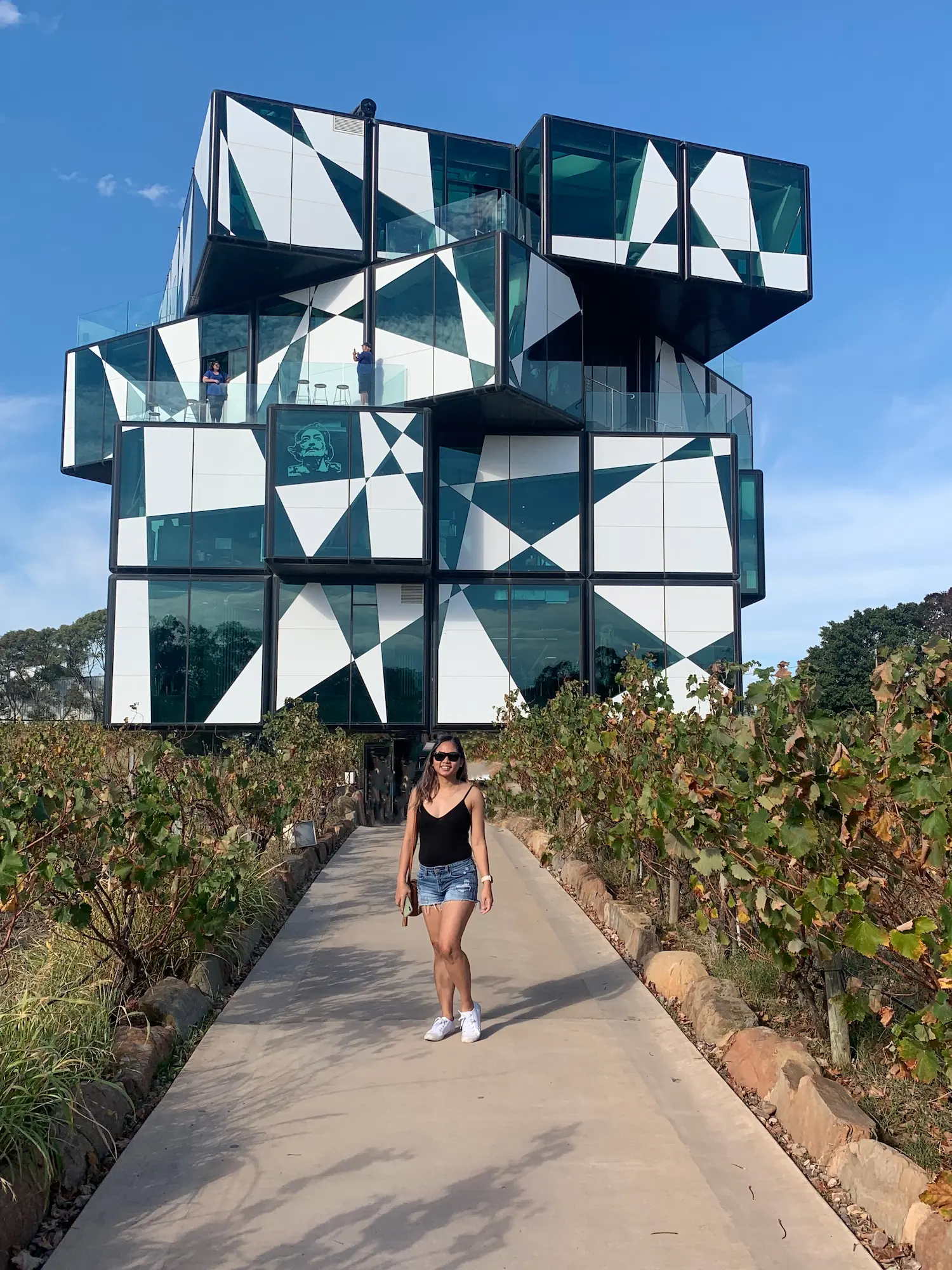 A person walks along a path through the vineyards toward the striking geometric d'Arenberg Cube in McLaren Vale, with its black, white, and glass façade standing out against a blue sky. The d'Arenberg Cube is a unique winery attraction to visit on a day trip from Adelaide, combining wine tasting, art, and contemporary architecture.